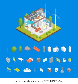 Solar Cell System in Home and Elements Concept 3d Isometric View Energy Power Renewable Technology for Building Architecture. Vector illustration