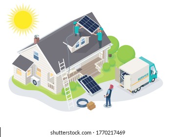solar cell team constructor service install for new customer house isometric concept for smart home, the customers are standing there watching with pleasure for  modern changes to use free energy
