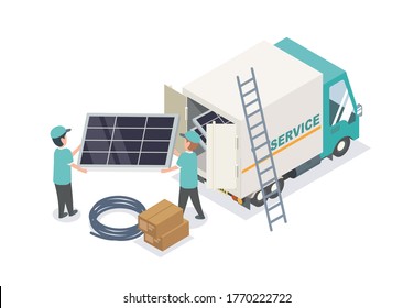 Solar Cell Team Constructor Service Install For New Customer Isometric Concept For Smart Home, Smart Factory Or Smart Office ,modern Changes To Use Free Energy