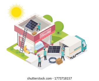 Solar Cell Team Constructor Service Install For New Customer Isometric Concept For Smart Shop, Smart Factory Or Smart Office ,modern Changes To Use Free Energy To Make More Profit In Small Business