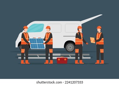 Solar cell team constructor service install for new customer 2d vector illustration concept for banner, website, illustration, landing page, flyer, etc.