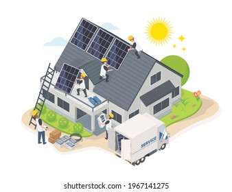 solar cell team service house installing isometric 3d