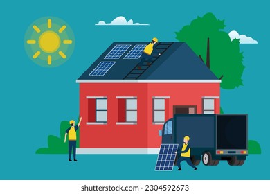 Solar cell team service house installing solar panel 2d vector illustration concept for banner, website, illustration, landing page, flyer, etc.