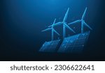 solar cell and wind turbine technology low poly wireframe on blue background. renewable energy sources digital concept. clean energy systems. vector illustration fantastic hi tech design. 