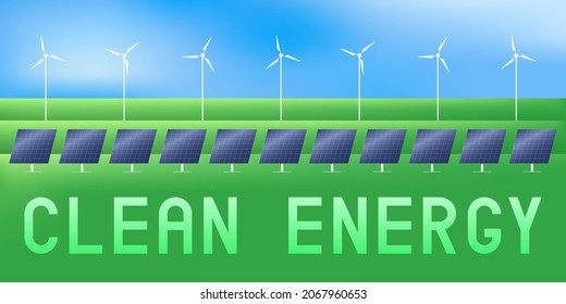 Solar cells and wind turbines. Clean energy. Vector illustration.