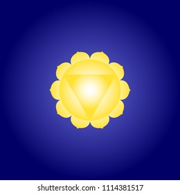 Solar chakra Manipura in yellow on dark blue space background. Isoteric flat icon. Geometric pattern. Vector illustration eps10