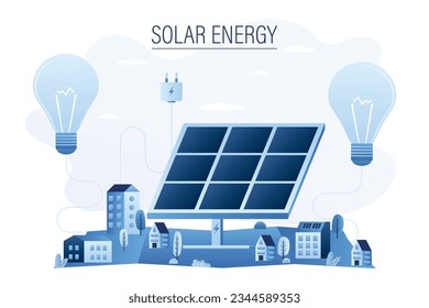 Solarenergie, saubere erneuerbare Energien. Horizontale Web-Banner.Eco und grüne Technologien der Zukunft. Große Solarpaneele, Glühbirnen, Stadt- und Naturlandschaft. Trendstil, Vektorgrafik