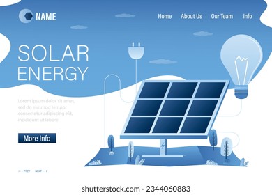 Solar, clean renewable energy landing page template. Horizontal web banner. Technologies of future. Big solar panel, lightbulb, electric generator and nature landscape. flat vector illustration