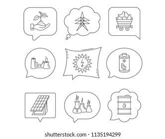 Solar collector energy, battery and oil barrel icons. Minerals, electricity station and factory linear signs. Industries, save nature icons. Linear Speech bubbles with icons set. Comic chat balloon
