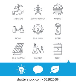 Solar collector energy, battery and oil barrel icons. Minerals, electricity station and factory linear signs. Industries, save nature icons. Light bulb, speech bubble and leaf web icons. Vector