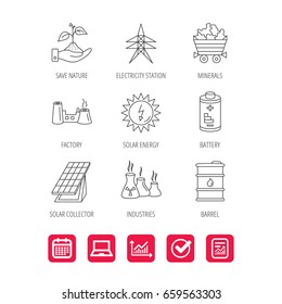Solar collector energy, battery and oil barrel icons. Minerals, electricity station and factory linear signs. Industries, save nature icons. Report document, Graph chart and Calendar signs. Vector