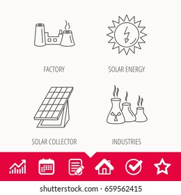 Solar collector energy, factory and industries icons. Solar energy linear signs. Edit document, Calendar and Graph chart signs. Star, Check and House web icons. Vector