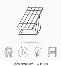 Solar collector icon. Sunlight energy generation sign. Innovation battery power symbol. Download arrow, lamp, learn book and award medal icons.