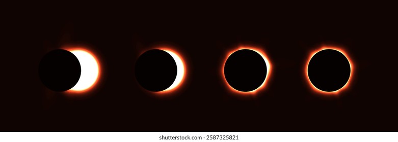 Solar corona vector illustration. Phases of a solar eclipse. Glowing planet in dark space.