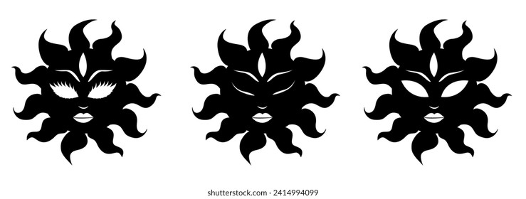 
Solar deity. Vector illustration of sun deity face mask. Sun with a face in Slavic folk style. Esoteric symbol sign emblem logo for print design tag poster brand