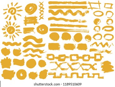 Solar design elements. Vector Sun. Orange stripes, grunge. Handmade. Original textures, hand draw Brushes frames