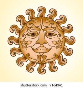 Solar disk with set of the twirled beams and with a human face