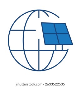 Solar Earth Blue Icon. Solar Energy, Solar Panel, Sun Energy, Energy Saving, Solar House, Ecology, Electricity, Renewable Energies Editable Stroke Vector Illustration