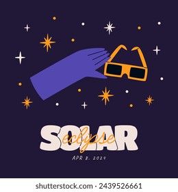 Solar eclipse 2024 banner. Hand hold Solar Eclipse glasses. Flat vector trendy illustration.