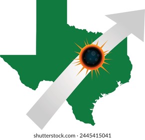 The Solar Eclipse of 2024 over Texas showing moon at full coverage. An arrow shows the path of the visibility of the eclipse