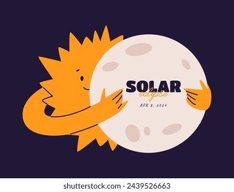 Solar eclipse 8 april 2024 banner. Cute sun character and moon. Playful flat vector illustration.