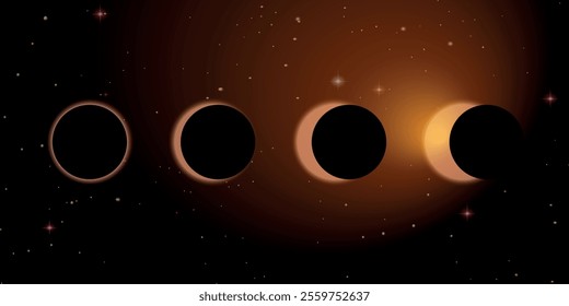 Solar eclipse against the starry sky. Space. Phases of the moon. Vector on a black background