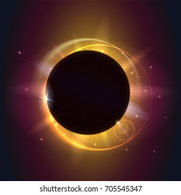 Solar eclipse, astronomical phenomenon - full sun eclipse. Blurred light rays and lens flare backdrop. Glow light effect. Star burst with sparkles. The planet covering the Sun in eclipse