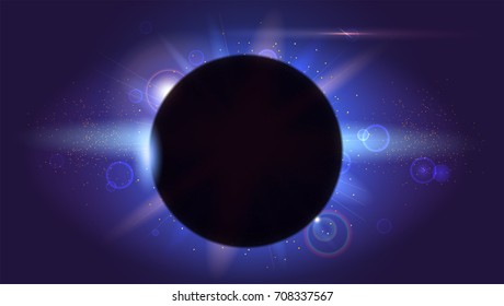 Solar eclipse, astronomical phenomenon - full sun eclipse. Blurred light rays and lens flare backdrop. Glow light effect. Star burst with sparkles. The planet covering the Sun in eclipse
