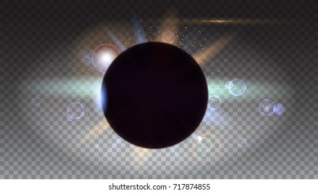 Solar eclipse, astronomical phenomenon - full sun eclipse. Abstract light effect with planet and shining sun. Star burst with sparkles. The planet covering the Sun in eclipse. Isolated on transparent.