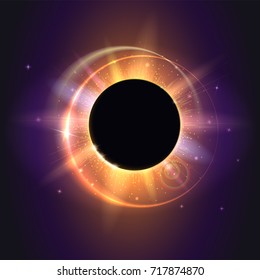Solar eclipse, astronomical phenomenon - full sun eclipse. Scientific background - total solar eclipse in dark glowing sky. Star burst with sparkles. The planet covering the Sun in eclipse