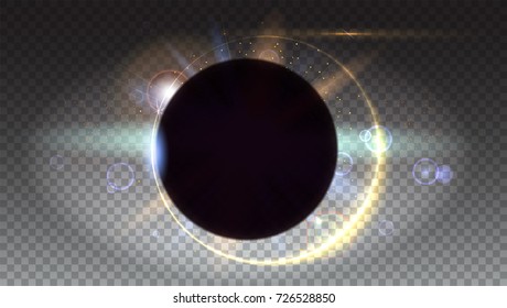 Solar eclipse, astronomical phenomenon - full sun eclipse. The planet covering the Space star, Isolated on transparent. Light rays and lens flare backdrop. Star burst with sparkles.