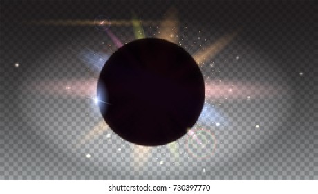 Solar eclipse, astronomical phenomenon, light rays and lens flare backdrop. Star burst with sparkles. The planet covering the Sun in eclipse. Horizontal, isolated on transparent.