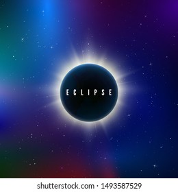 Solar eclipse. Astronomy effect - sun eclipse. Abstract astral universe background. Rays of starlight burst out from behind the planet. Vector illustration