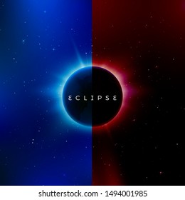 Solar eclipse. Astronomy effect - sun eclipse. Abstract astral universe background red and blue version. Rays of starlight burst out from behind the planet. Vector illustration