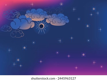 Solar eclipse background with stars and clouds. Nice backdrope for social media, astrologers, video bloggers or other using. Vector illustration. Not AI created.