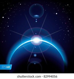 Solar eclipse background with stars and lens flare, vector Eps10 image.
