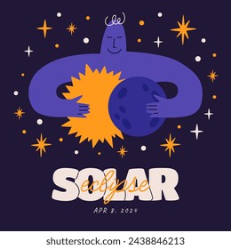 Banner del eclipse solar con la silueta del humano que sostiene el sol y la luna. Ilustración de vector lindo moderno.