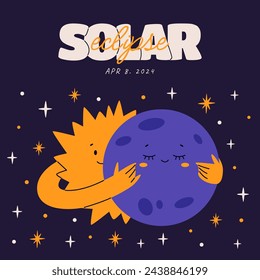 Solar eclipse banner with sun embracing the moon. Modern cute vector illustration.
