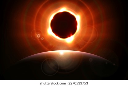 A solar eclipse with bright ring light rays flared around, taken with a telescope lens.