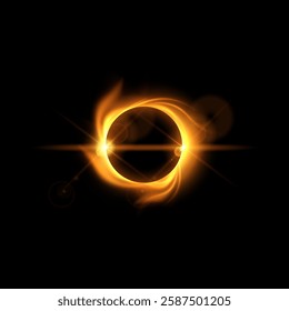 Solar eclipse with burning effect. Realistic full planet eclipse with fire flame vortex in dark universe. Orange glowing space planet with round dark silhouette and sparks. Astronomy vector design