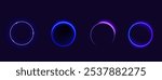 Solar eclipse circles showing moon covering sun on dark background. Glowing purple neon rings with bright luminous effects capture celestial phenomenon. Radiant circular shapes of astronomical event.