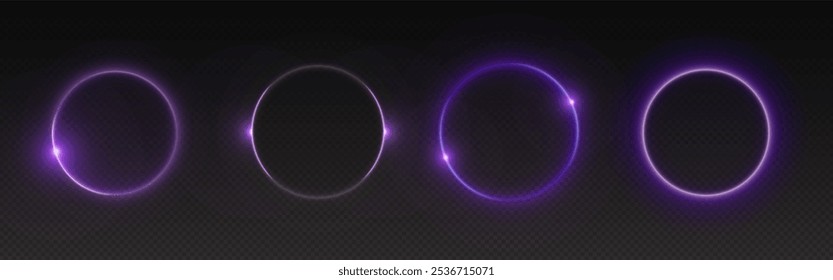 Sonnenfinsternis-Kreise, die den Mond zeigen, der die Sonne auf dunklem Hintergrund bedeckt. Leuchtende violette Neonringe mit hellen Lichteffekten fangen das Himmelsphänomen ein. Strahlende Kreisformen astronomischer Ereignisse.