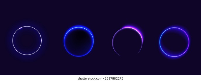 Sonnenfinsternis-Kreise, die den Mond zeigen, der die Sonne auf dunklem Hintergrund bedeckt. Leuchtende violette Neonringe mit hellen Lichteffekten fangen das Himmelsphänomen ein. Strahlende Kreisformen astronomischer Ereignisse.