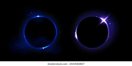 Círculos del eclipse solar que muestran la luna que cubre el sol sobre fondo oscuro. Los anillos de neón púrpura brillante con efectos luminosos brillantes capturan el fenómeno celeste. Formas circulares radiantes del evento astronómico.