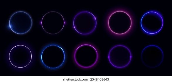 Círculos del eclipse solar que muestran la luna que cubre el sol sobre fondo oscuro. Los anillos de neón púrpura brillante con efectos luminosos brillantes capturan el fenómeno celeste. Formas circulares radiantes del evento astronómico.