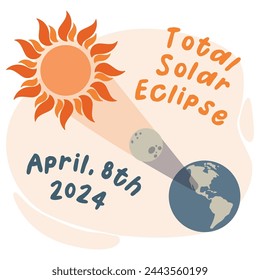 Solar eclipse composition with date. Cute illustrations in flat style. Vector design element for project, banner, invitation