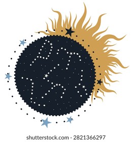Solar eclipse with constellations and celestial sun vector illustration. Stylized gold sun with flaming rays and dark moon disc filled with starry constellations, boho astrology and celestial magic concept