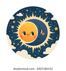 Solar Eclipse Cute illustration in flat cartoon style for kids education at school, stickers, scrapbooking, nursery room