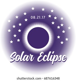 Solar Eclipse. The dark disk of the moon over the sun with corona at totality and visible stars. Vector.
