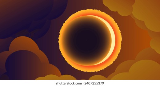 Solar eclipse dark sky shining stars event. Clouds illuminated by the sun. Astronomy observation natural phenomenon. Vector illustration